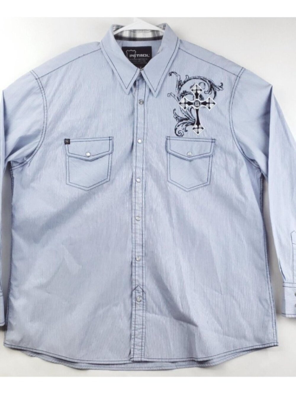 Petrol Shirt Mens XL Blue Pearl Snap 100% Cotton Embroidered Cross Perfect Fit